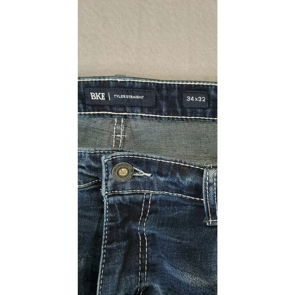 BKE Tyler Straight Jeans Mens 34x32 Dark Wash Distressed Buckle Denim Casual
